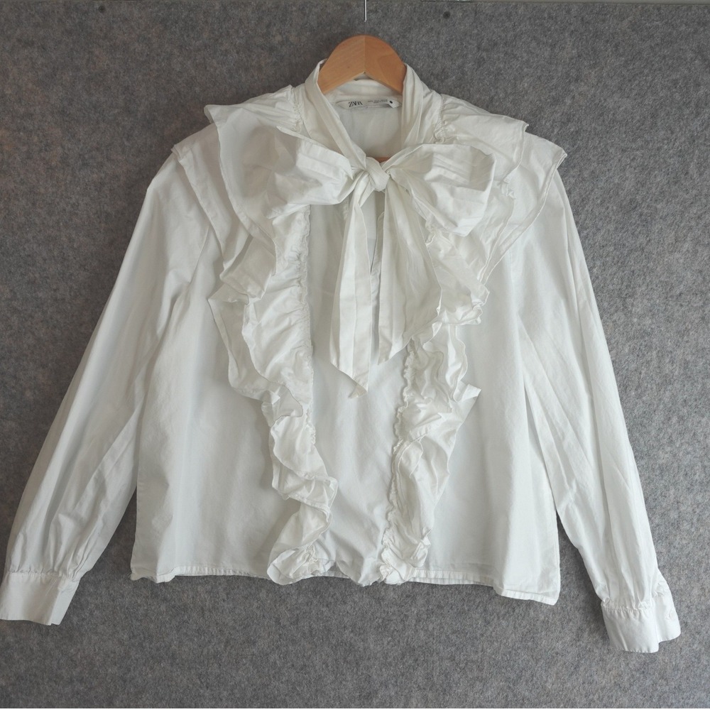 Zara Cottage Romantic White Cotton Blouse Large Ruffle Bow Poplin Victorian Top